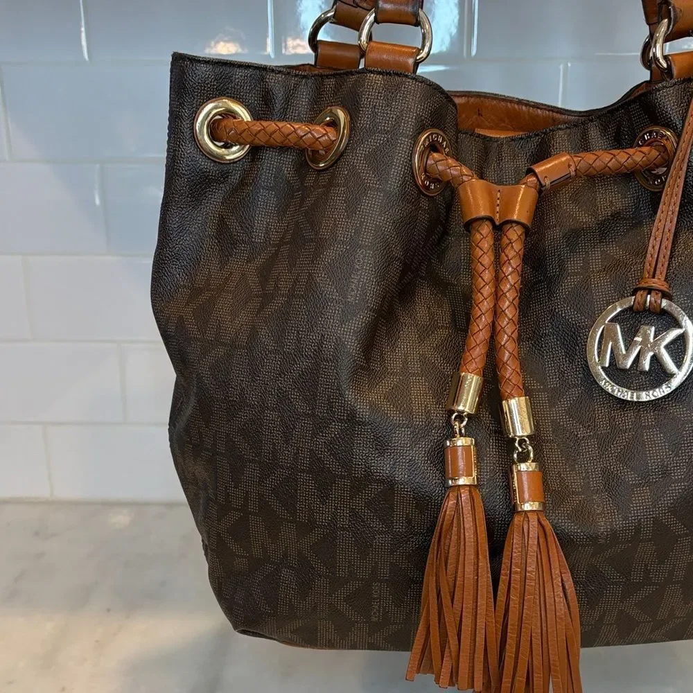Michael Kors Bag Purse Handbag Leather Marina Signature Drawstring Tote Shoulder